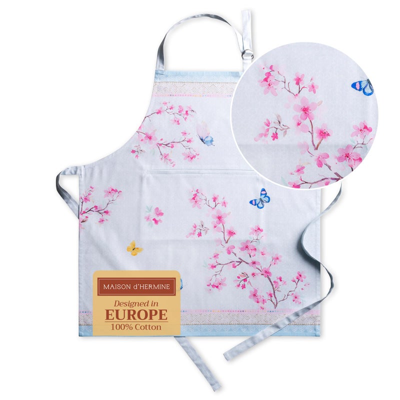 Maison d' Hermine Apron for women with Pocket 100% Cotton 27.50"x31.50" 1 Piece Adjustable Neck Strap & long ties Apron Men, Chef, Wedding, Cooking, Gardening Spring/Summer (Blossoms In Spring) - Image 1